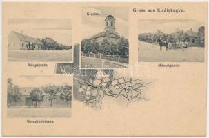 Királykegye, Königsgnade, Tirol, Chiroi; Hauptplatz, Kirche, Hauptgasse, Gemeindehaus / Fő tér, templom, Fő utca, Községháza. J. Dajkovits utóda kiadása / main square, church, main street, town hall. Art Nouveau, floral (fl)