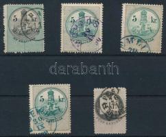 5 db okmánybélyeg postabélyegként való felhasználása (hely-kelet bélyegző) / 5 fiscal stamps used as postal stamp