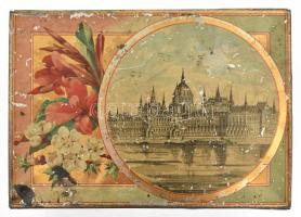 cca 1900 Rendkívül dekoratív szecessziós fém doboz Stühmer Frigyes Csokoládé s Cukorgyár reklámjával...