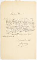 1891 Bary József, a Tiszaeszlári per bírája által ít és aláírt kérvény kelt Gyöngyösön, A kérvényben áthelyezését kéri a felállított táblabíróságok valamelyikére. .