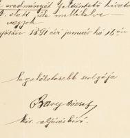 1891 Bary József, a Tiszaeszlári per bírája által ít és aláírt kérvény kelt Gyöngyösön, A kérvényben...