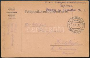 1916 Tábori posta levelezőlap / Field postcard K.u.k. Kreisgendarmeriekommando Dabrowa Posten zu Koszelow Nr. 2. + EP DABROWA in POLEN b