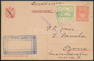 1919 10f díjjegyes levelezőlap csehszlovák kiegészítéssel Nyustyáról Brnóba / 10f PS-card with Czechoslovak additional franking to Brno
