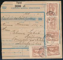 1919 Csehszlovák csomagszállító 9 db csehszlovák bélyeggel Poprádról Sátoraljaújhelyre / Czechoslovak parcel card with 9 Czechoslovak stamps from POPRÁD to SÁTORALJAÚJHELY