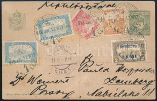 1918.07.12. Légi díjkiegészített díjjegyes levelezőlap Repülőposta bélyeggel / Airmail PS-card with Mi 211 and 4 other stamps &quot;BUDAPEST&quot; - &quot;WIEN&quot; - &quot;LEMBERG&quot;