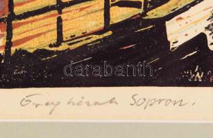 Réti Mátyás (1922-2002): Sopron Öreg házak. Linó, papír, jelzett, üvegezett keretben 29x35 cm