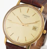 Arany (Au) 14K Tissot karóra, jelzett, quartz, dátumkijelzővel, működik, bőr szíjjal, jó állapotban, leírással, számlával, díszdobozban, számlap d: 30 mm