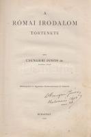 Csengeri János: A római irodalom története. (Aláírt.) Budapest, 1904. [Franklin ny.] 1 t. (címkép) + 104 p. Egyetlen kiadás. Aláírt példány: ,,Csengeri János, Kolozsvár, 1904. nov. 26." Oldalszámozáson belül szövegközti rajzokkal gazdagon illusztrálva. Néhány rajz gyermekrajzzal kiegészítve, néhány oldalon széljegyzetek, aláhúzások. Három levél a gerincnél megerősítve, néhány levélen apró, a szövegtestet nem érintő szakadás, néhány oldal enyhén foltos. (Különnyomat az Egyetemes Irodalomtörténet II. kötetéből.) Korabeli, kopott egészvászon kötésben, az aranyozott címfelirat a gerincen fekete címkén.