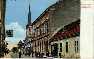 Érsekújvár, Nové Zámky; Kaszinó és Komáromi út, üzletek, templom. Binéth Gáspár kiadása / street view, casino, shops, church (EK)