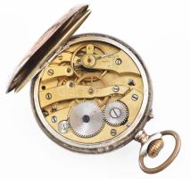 Ezüst (Ag) zsebóra. Jó állapotú tokkal számlappal, szerkezet elindul de tisztításra szorul d: 47 mm