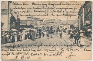 1904 Pozsony, Pressburg, Bratislava; Vásártér, Szálloda az Arany Szarvashoz, üzletek / Marktplatz / market, hotel, shops (fl)