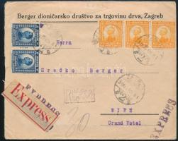1921 Ajánlott expressz levél 7 db bélyeggel Bécsbe küldve, szükségragjeggyel / Registered express cover with 7 stamps to Vienna, with auxiliary label