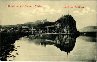 Dévény, Theben a. d. Donau, Devín (Pozsony, Bratislava); Dévényi vár és Árpádhegy, Árpád emlékmű. W.L. Bp. 2413. Josef Skoda kiadása / Árpádkogel / Devínsky hrad / castle ruins and Hungarian Millennium Monument