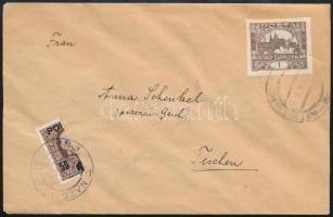 ~1920 Levél vágott csehszlovák bélyeggel Teschenbe, felezett portó bélyeggel / Cover with imperforate Czechoslovak stamp to Teschen, with bisected postage due stamp