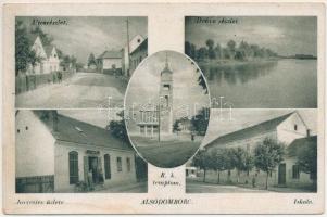 1944 Alsódomboru, Donja Dubrava; utca, Dráva folyó, iskola, római katolikus templom, Jovicsics Elemér üzlete / street, school, church, shop, River Drava (fl)