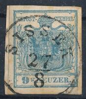 1850 9kr HP I. szürkéskék, lemezhibák / type HP I. greyish blue, plate flaws. SISSEK Certificate: Strakosch