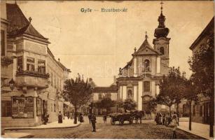 1923 Győr, Erzsébet tér, Abadie cigarettapapír reklámplakátja, templom. Vasúti levelezőlapárusítás 474. (EK)