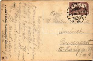 1923 Győr, Erzsébet tér, Abadie cigarettapapír reklámplakátja, templom. Vasúti levelezőlapárusítás 4...