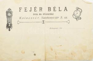 cca 1910-20 Fejér Béla órás és ékszerész, Kolozsvár fejléces levélpapír hátoldalán magyar ny. sütemény recept, foltos, szakadással, hajtva