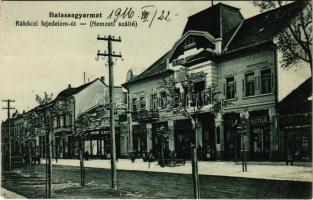 1916 Balassagyarmat, Rákóczi fejedelem út, Nemzeti szálló, Stossel Arthur bútor áruház üzlete, drogéria (szakadás / tear) + "LOSONCZ-ASZÓD 236 SZ." vasúti mozgóposta