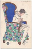 1917 Viennese Art Nouveau. Knitting lady. B.K.W.I. 364-6. s: Mela Koehler (EK)