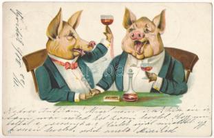 1900 Pig gentlemen drinking and smoking. litho (EB)