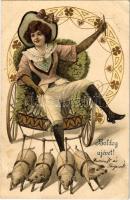 1907 Boldog Újévet! / New Year greeting art postcard with lady riding a pig-drawn carriage. Art Nouveau, floral, litho (EK)