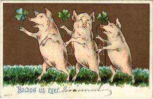 1901 Boldog Újévet! / New Year greeting art postcard with pigs holding clovers. litho (EK)