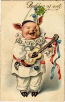 1927 Boldog Újévet! / New Year greeting art postcard with clown pig (felületi sérülés / surface damage)