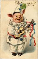 1927 Boldog Újévet! / New Year greeting art postcard with clown pig (felületi sérülés / surface dama...