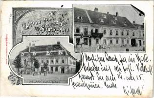 1898 (Vorläufer) Stockerau, Brauhaus-Restauration, Johann Edinger Gasthof / brewery and restaurant, inn, shops. Art Nouveau, floral (r)