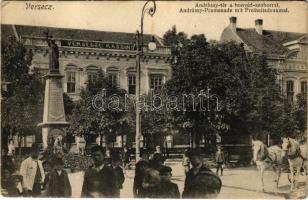 1911 Versec, Werschetz, Vrsac; Andrássy tér, Honvéd szobor, kaszinó. Fl. Schiopu kiadása / Andrássy-Promenade mit Freiheitsdenkmal / square, Hungarian military monument, casino (EK)