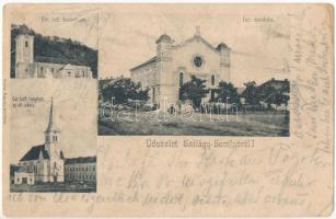 1904 Szilágysomlyó, Simleu Silvaniei; Református templom, Izraelita imaház, zsinagóga, Görögkatolikus templom és iskola. Veres Károly kiadása / Calvinist church, synagogue, Greek Catholic church, school (b)