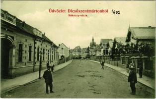 1907 Dicsőszentmárton, Tarnaveni, Diciosanmartin; Rákóczi utca. Hirsch Mór kiadása / street view