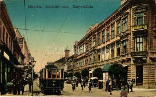 1911 Miskolc, Széchenyi utca, Horváth Nagy szálloda, villamos, piac, megállóhely. Grünwald kiadása (fl)