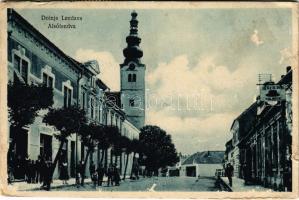 1934 Alsólendva, Alsó-Lendva, Dolnja Lendava; utca, Ecker Pál kalapos, Olga Guttmann üzlete. Ernest Balkányi kiadása / street view, shops (szakadás / tear)