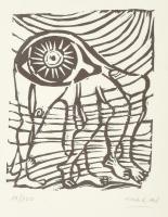 Illés Árpád (1908-1980): Szürrealista alak (cím nélkül). Linómetszet, papír, jelzett. Számozott: 11/100. 13x11 cm