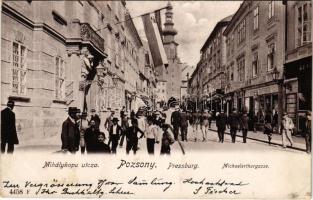 1901 Pozsony, Pressburg, Bratislava; Mihálykapu utca, Schwarz testvérek üzlete / Michaelerthorgasse / street, shops (EK)