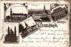 1898 (Vorläufer) Cegléd, Takarékpénztár, Evangélikus templom, Városháza, Református templom, Római katolikus templom. Sebők Béla kiadása. Art Nouveau, floral, litho (kopott sarkak / worn corners)