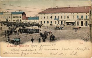 1905 Makó, Fő tér, piac, Schwarz és Reik, Lelek István cukrász, Topcsy László üzlete, étterem, bor- és sörcsarnok, kávéház (EM)