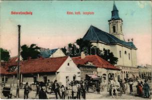 1909 Sátoraljaújhely, Római katolikus templom, piac, Ganz Lázár üzlete. Vasúti étterem kiadása (kis szakadás / small tear)