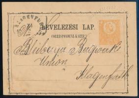 1873 2kr díjjegyes levelezőlap LORENZ SCHUSTERITSON / NAGYKÁROLY céges szárazbélyegzővel Klagenfurt-ba küldve