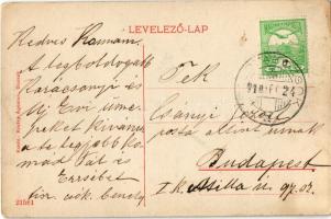 1910 Bozsok, Római katolikus templom, utca, Posta. Krutky Ágoston kiadása (kopott sarkak / worn corn...