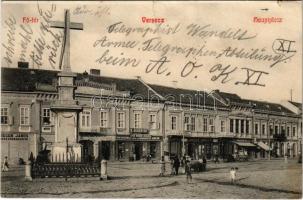 1915 Versec, Werschetz, Vrsac; Fő tér, mészáros üzlet, B. Scherter, Josef Unger, Schwartz S. üzlete. Kirchner J. E. özvegye kiadása / main square, butcher, shops + "Hadiszolgálat Portómentes" (fl)