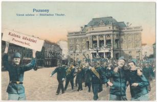 1907 Pozsony, Pressburg, Bratislava; Városi színház. Katonai üdvözlet montázs / Theatre. Military greeting montage with soldiers (EK)