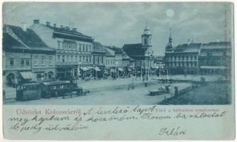 1899 (Vorläufer) Kolozsvár, Cluj; Fő tér, Lutheránus templom, este, városi vasút, kisvasút, vonat, Gergely Ferenc és Kiss Ernő üzlete, Európa kávéház / main square, church, shops, cafe, night view, urban railway, train (Rb)