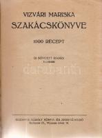 Vizvári Mariska: Vizvári Mariska szakácskönyve. 1000 recept. Új, bővített kiadás. Budapest, (1944). Rozsnyai Károly Könyv-és Zeneműkiadó (Vörösmarty Nyomda, Székesfehérvár). 461 + [1] p. Első kiadás. A teljes év ajánlott menüit is közzétevő receptkönyvnek 1944-ben megjelent a második kiadása is. Példányunk fűzése a 10. ívnél meglazult, az utolsó leveleken enyhe foltosság. Horváth 1949. Fűzve, kézzel feliratozott, sérült védőborítóban.