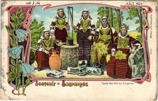Thessaloniki, Saloniki, Salonica, Salonique; Types des femmes bulgares. J.S. Varsano / folklore. Art Nouveau, floral, litho (tear)