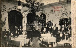 1908 Budapest V. Grand Restaurant Schuller nagy étterem, vendéglő téli kertje, belső pincérekkel. Váci körút 68. (mai Bajcsy-Zsilinszky út) (EK)