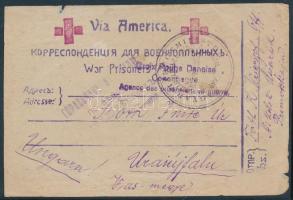 1920 Kézzel készült vöröskeresztes hadifogoly levelezőlap Nikolsk-Ussuriskből Uraiújfaluba, orosz, dán és magyar cenzúrákkal + Via America felirat. MAGYAR HADÜGYMINISZTER HADÜGYI FELSZÁMOLÁSI ELŐKÉSZÍTŐ HIVATAL Hdfg alosztály / Handmade Red Cross POW postcard from Nikolsk-Ussurisk to Uraiújfalu, with Russian, Danish and Hungarian censorships